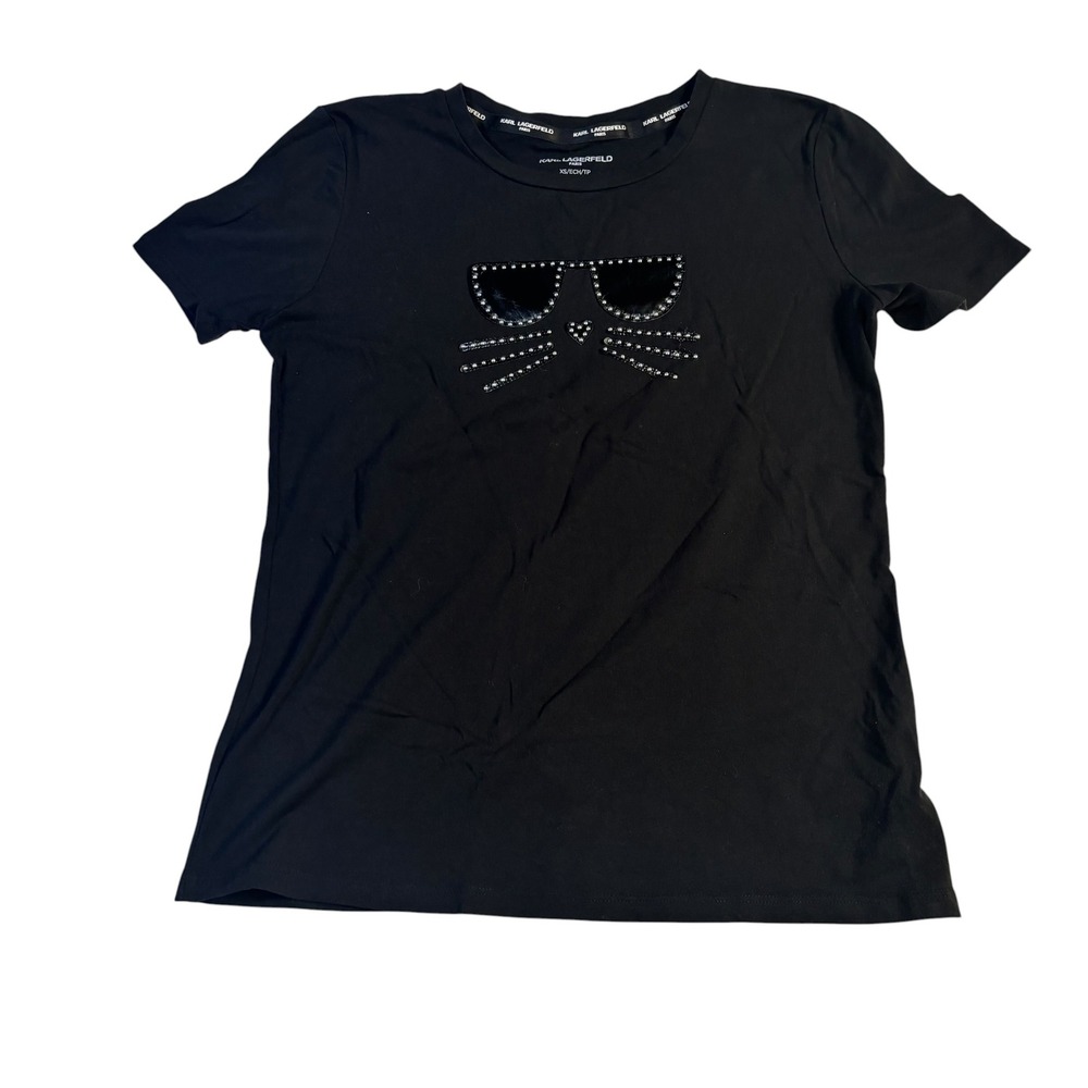 Karl Lagerfeld Paris Womens Black Choupette Cat Studded Graphic T-Shirt XS